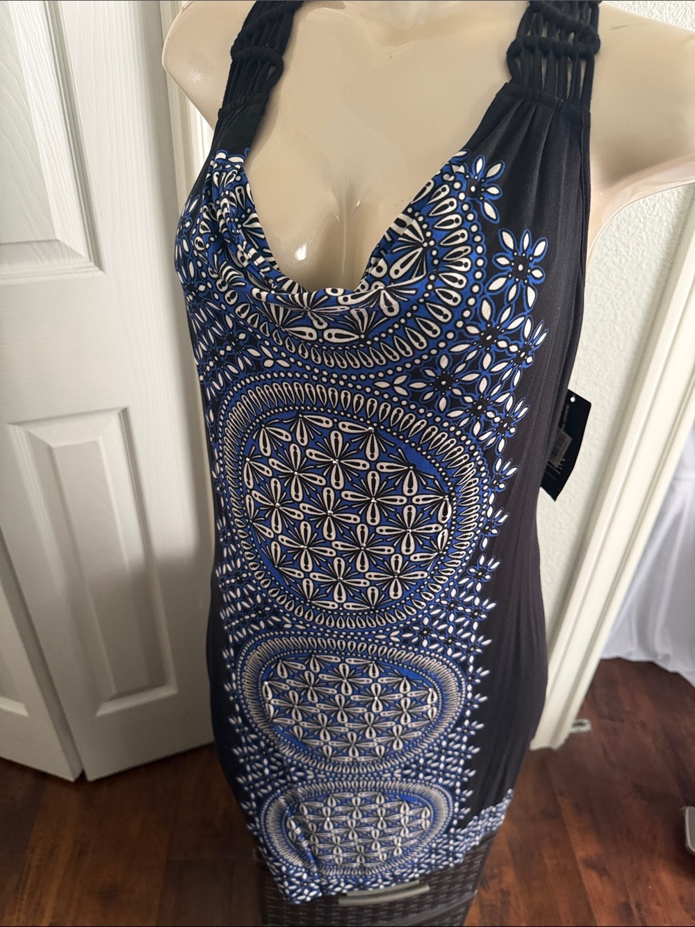 INC International Concepts Black Dress with Blue & White Medallion Print